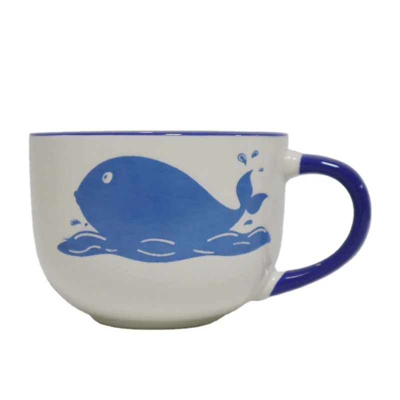 
Custom Ceramic Mug Soup Mug with Inner Color Glazed for Wholesale Printed Pattern and Blue Rim with Handle 