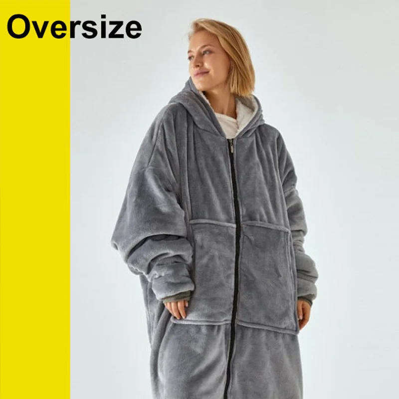 Nature Sherpa Winter Tv Hooded Long Sleeve Wearable Oversized Large Pocket Flannel Hoodie Blanket