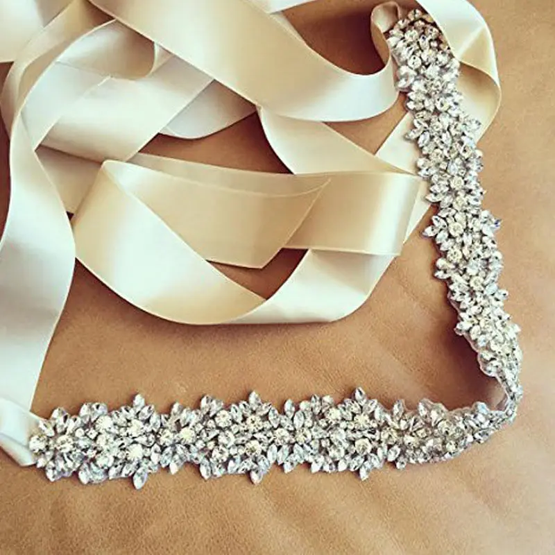 Luxury Handmade Full Crystal Rhinestone Bridal Sash Belt Ribbon Back Self-bow Wedding Dress Waist Belt