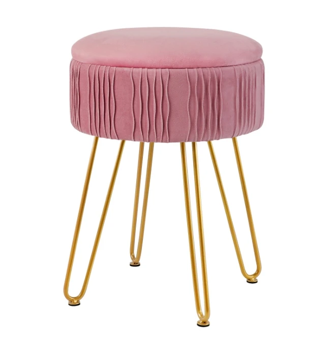 Circular velvet footrest ottoman for makeup vanity, velvet dressing table stool, pouf couch seat with golden legs