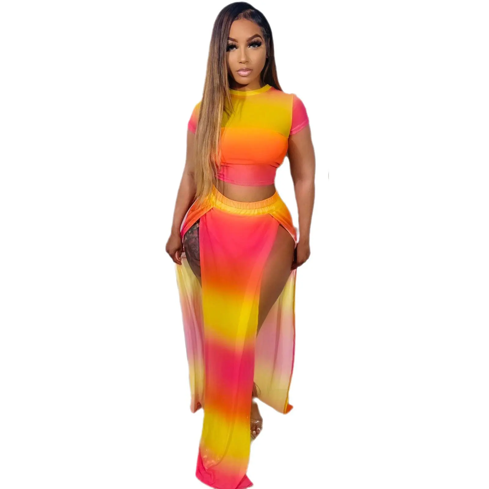 Designer Boutique Streetwear Vintage Sexy Casual Summer Beach Vacation Gradient Color Bodycon High Split Full Length Skirt Set