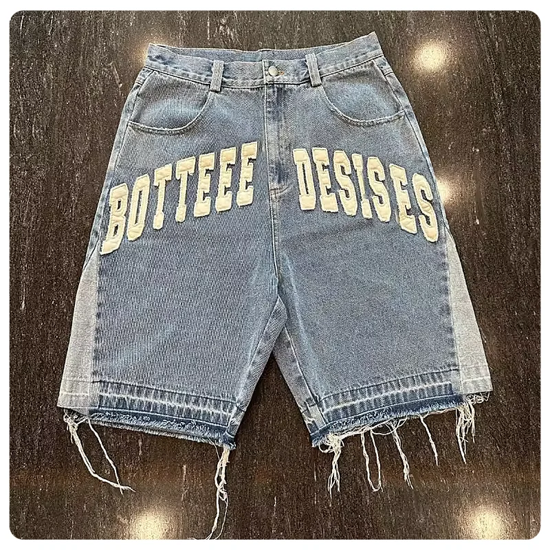 Manufacturer Custom Embroidered Patches Logo  Raw Hem Cut Edge Distressed Streetwear Breathable Cargo Jean Shorts For Men