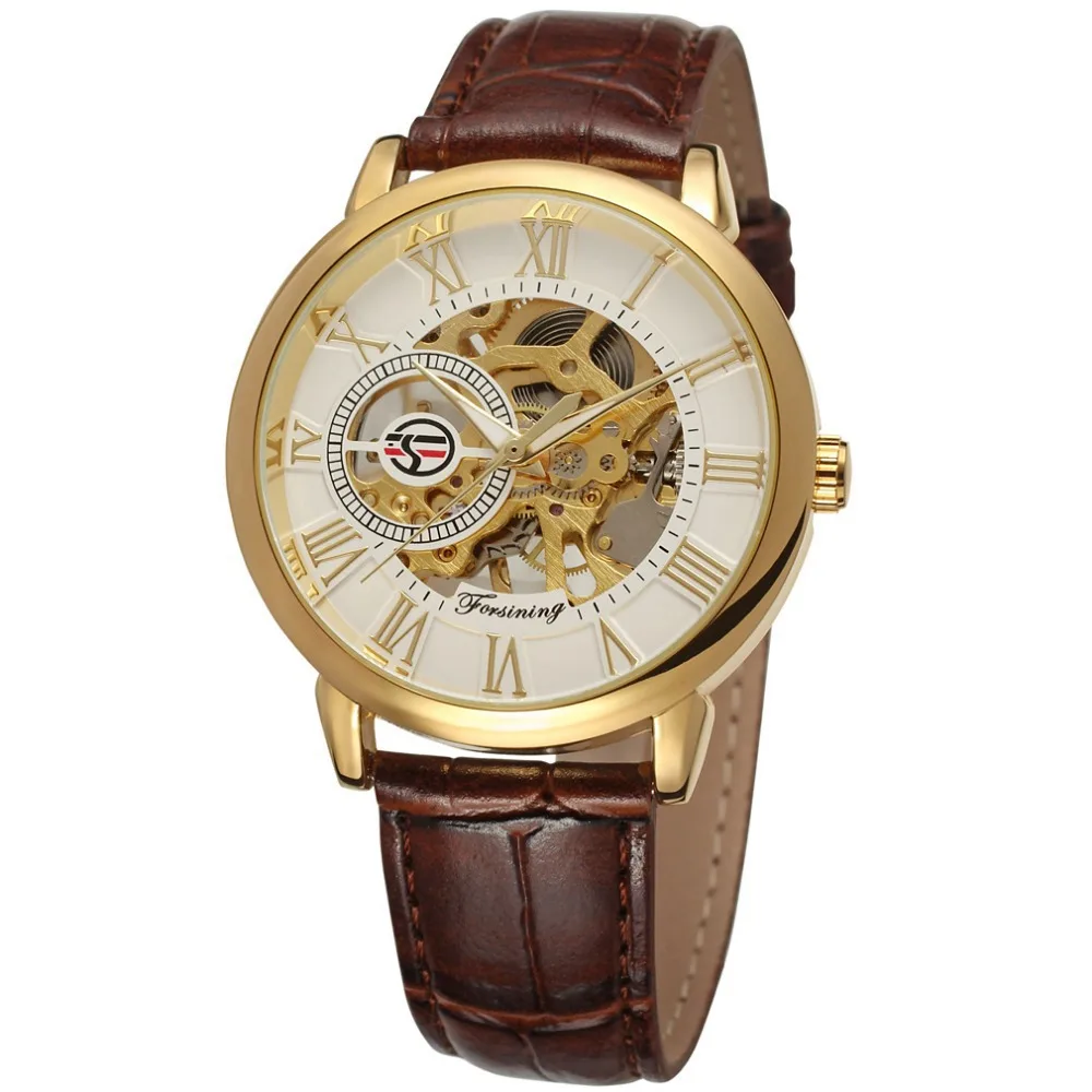 Men Luxury Mechanical Skeleton Watch Black Golden 3D Literal Design Wristwatch Forsining A099 Leather Watch