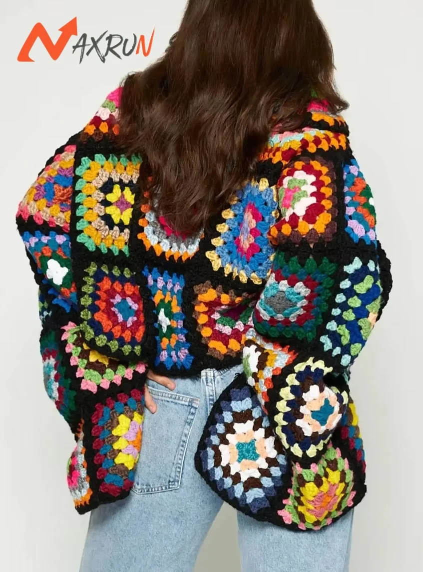 Fashion Design colorful  women tops Cardigan knitted choker sweater Square Hand Crochet Plaid Pattern knitted jacket