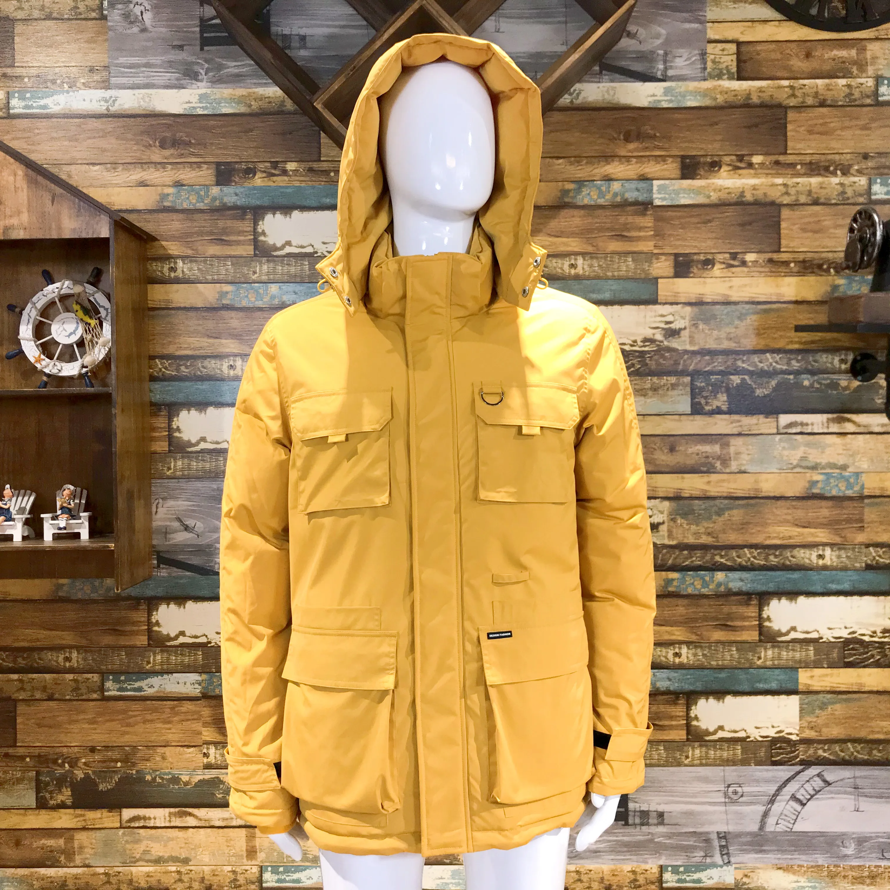 Custom Yellow Pocket Mens Wind Breaker Oversized Coat Outdoor Waterproof Winter Jacket
