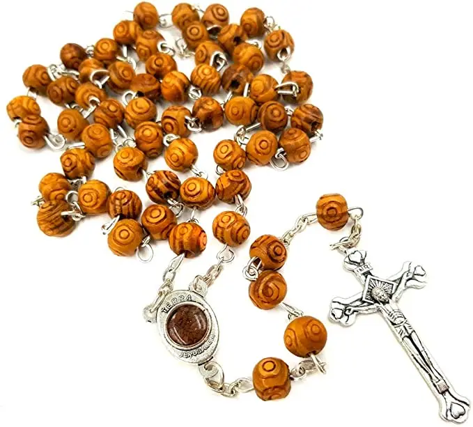 Olive Wood Beads Rosary Hand Carved Bean Necklace Jerusalem Holy Soil Medal & Cross Crucifix Pray necklace