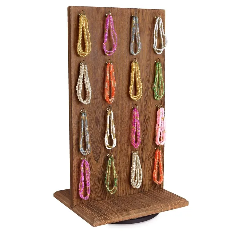 Wooden Rotating Shelf Two-Sided Jewelry Wood Display Stand Rotating Organizer with 32 Hooks for Store