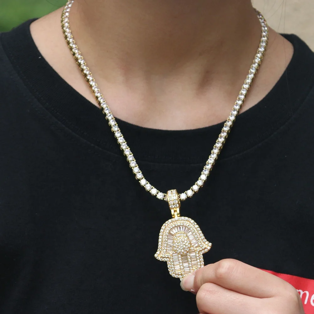 18K Gold  Baguette Hamsa Hand Necklace