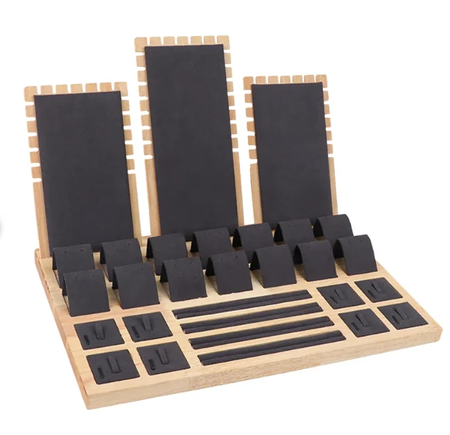 Bevis Ring Jewelry Packaging Velvet Display Stand Set Tray Earring Necklace Bust Prop Custom Wood Luxury Jewelry Display Stand