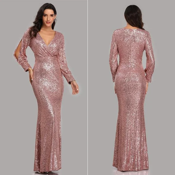 Fashion Party Maxi Dress Super High Waist Crossed Chest V-Neck Split Long Sleeve Sequin Stretch Slim Mermaid Evening Gown Dress