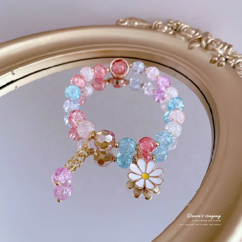 Bohemian Handmade Stretch Rope Beads Pink Resin Daisy Flower Charm Bracelet Jewelry Beaded Shiny Crystal for Women Girls Alloy