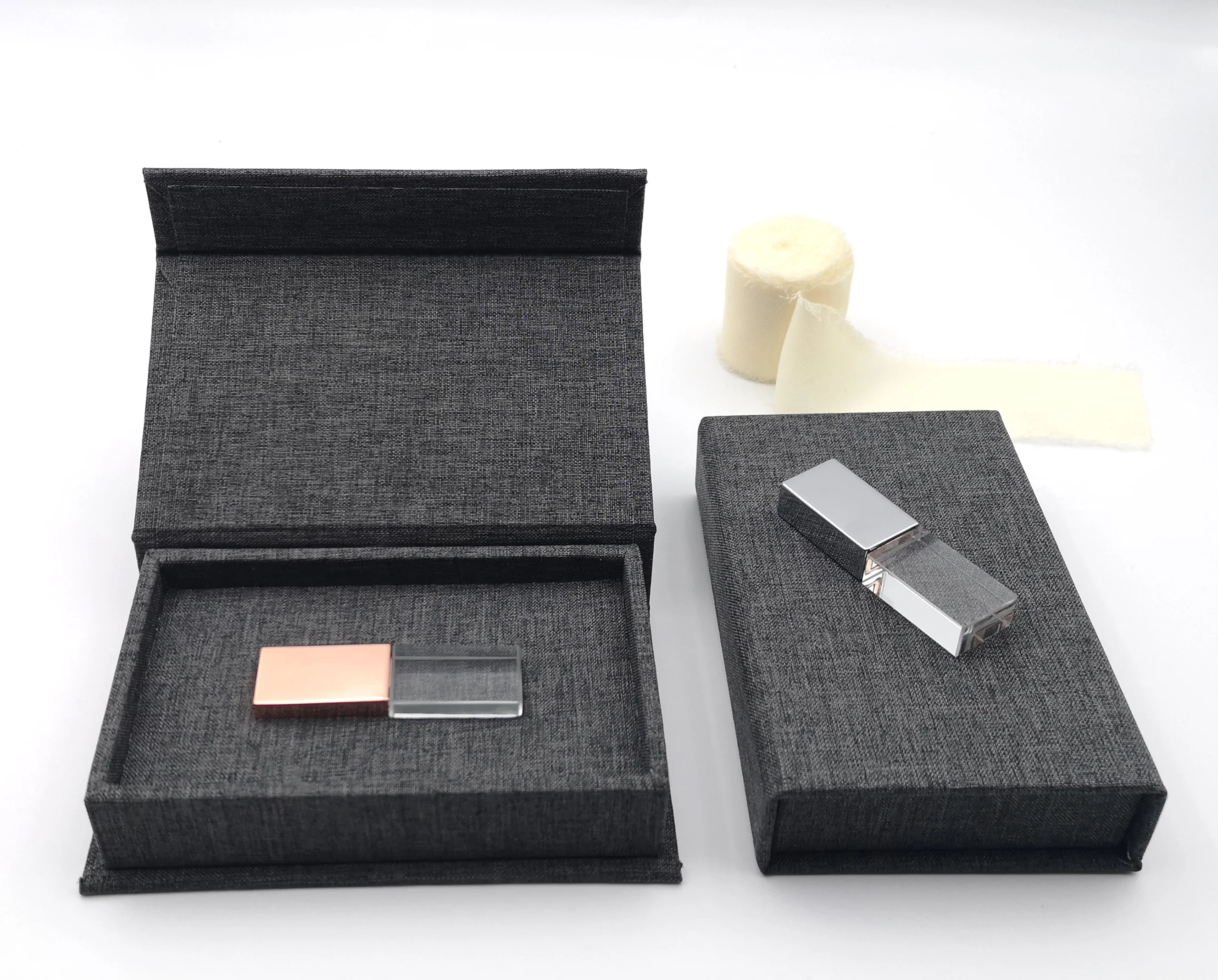 Персонализированная текстурная ткань льняная USB-коробка бежевый серый подарочная упаковка для фотографий коробка кристаллического USB-накопителя