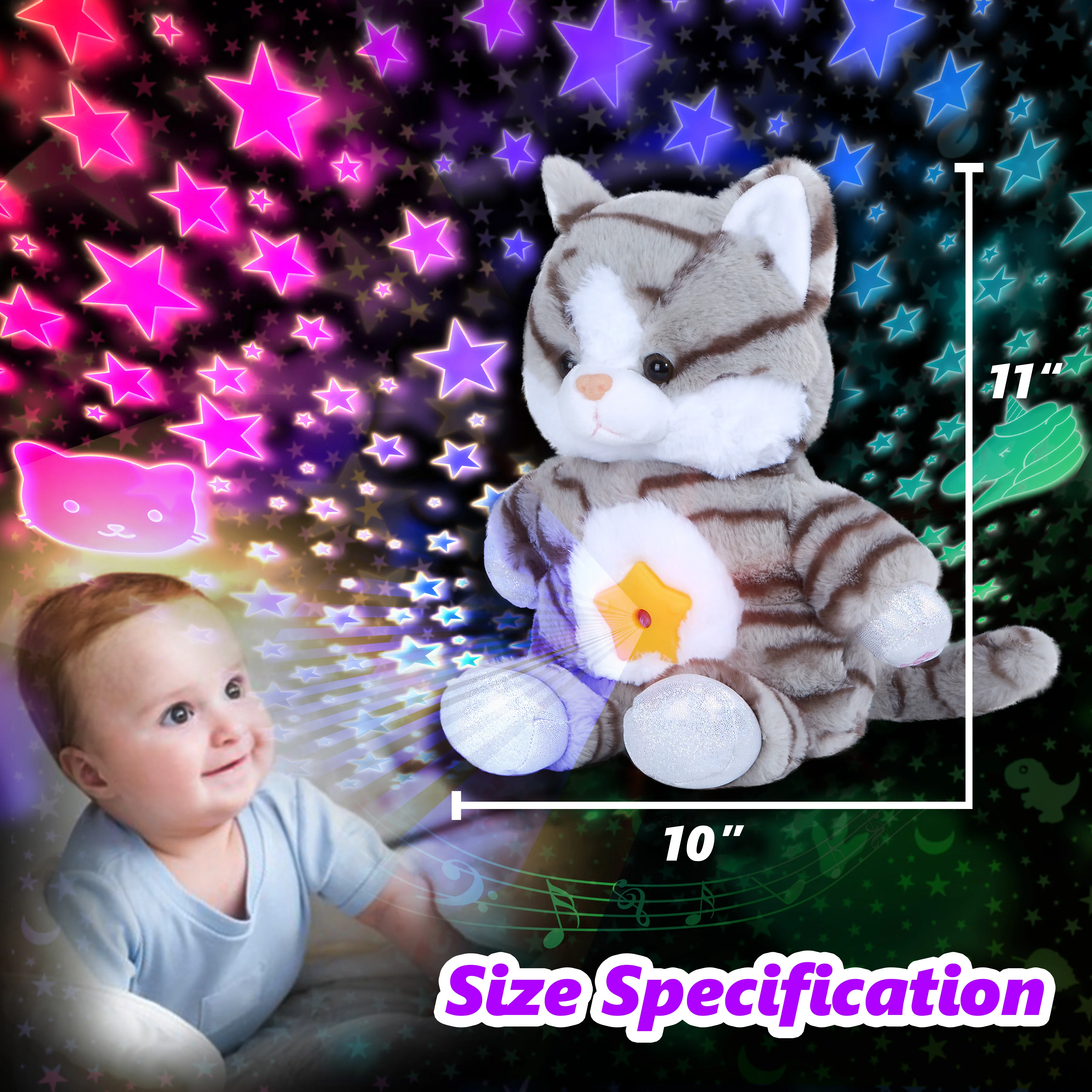 Glow Guards 11' Musical Cat Projector Soft Plush Toy Cute Kitty Stuffed Animals Night Lights Sleeptime Lites Birthday for Boys