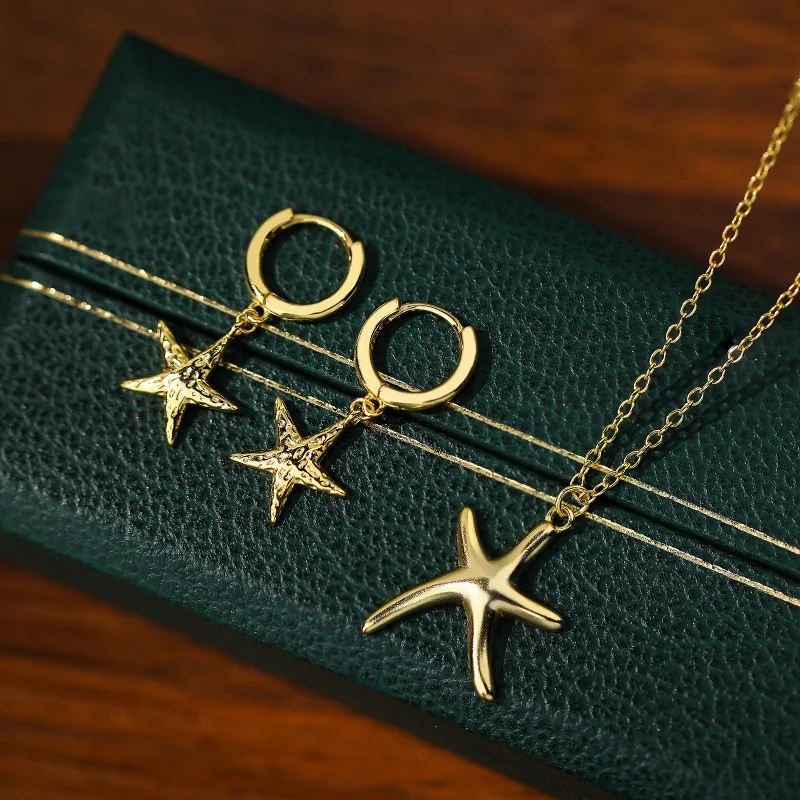2024 trendy new summer 925 sterling silver jewelry set 18k gold plated sea life starfish earrings necklace for women