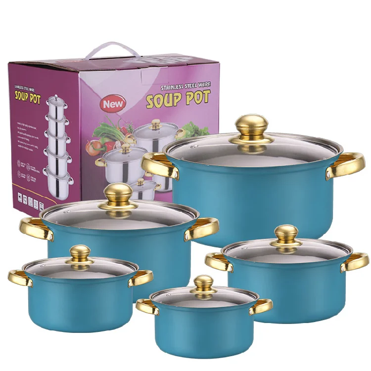 Wholesale 10Piece pink Stainless Steel Cookware Sets non-stick with Technology Wholesale Pan Pot Milk Pan Soup Pot in 16-24cm