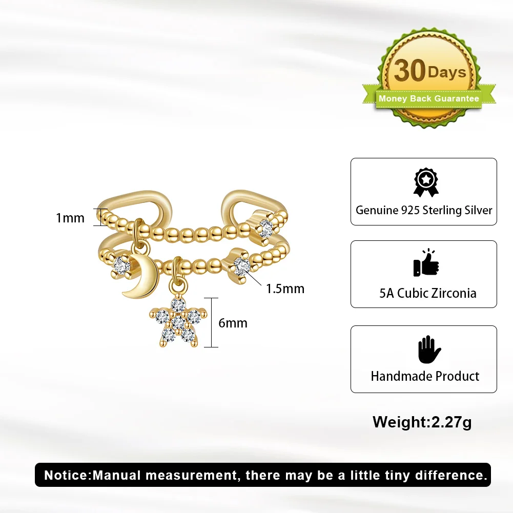 RINNTIN SR333 Fashion Unique Design Women Rings S925 Sterling Silver Moon Star Charm Open Ring for Girls