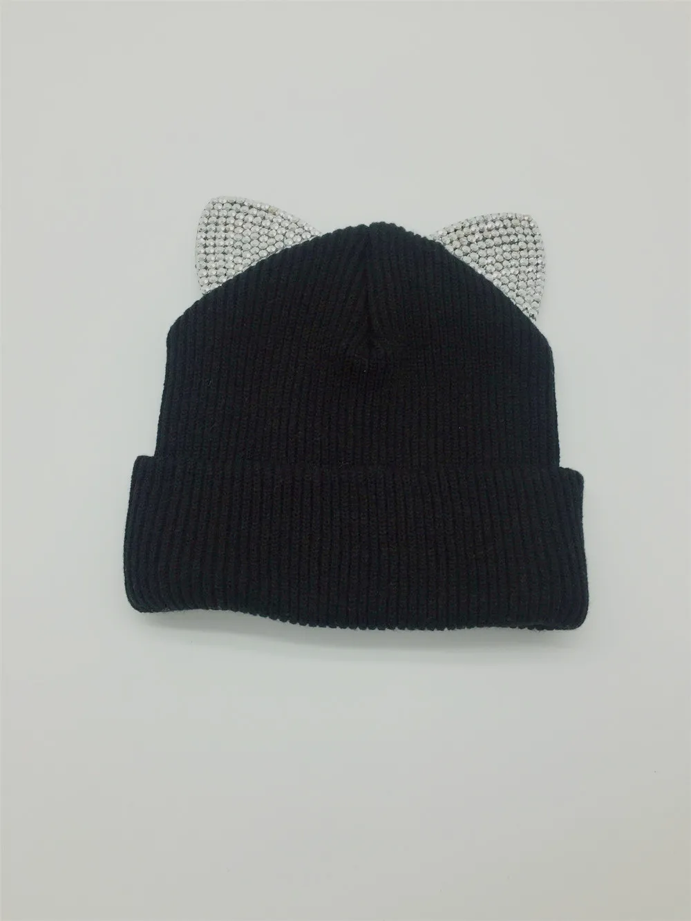 Шапка-бини с камнями зимняя шапка для женщин Новое поступление милая Теплая Вязаная в рубчик кошачьими ушками и стразами девушек