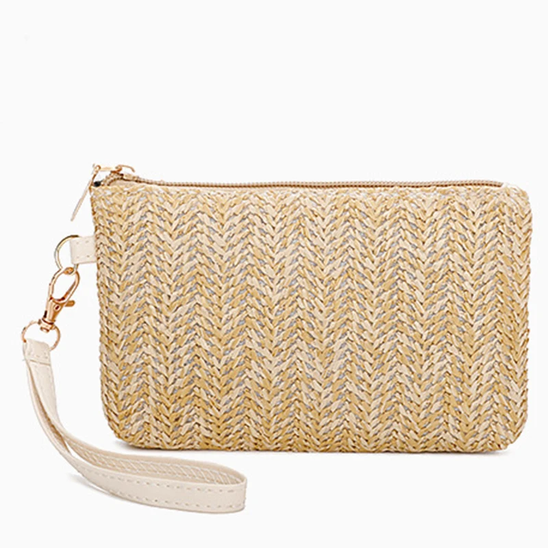 Latest Recyclable Woven Rattan Purse Wallet with Zipper Polyester Wrist Strap for Beach Mobile Phone Bag Women Straw Clutch