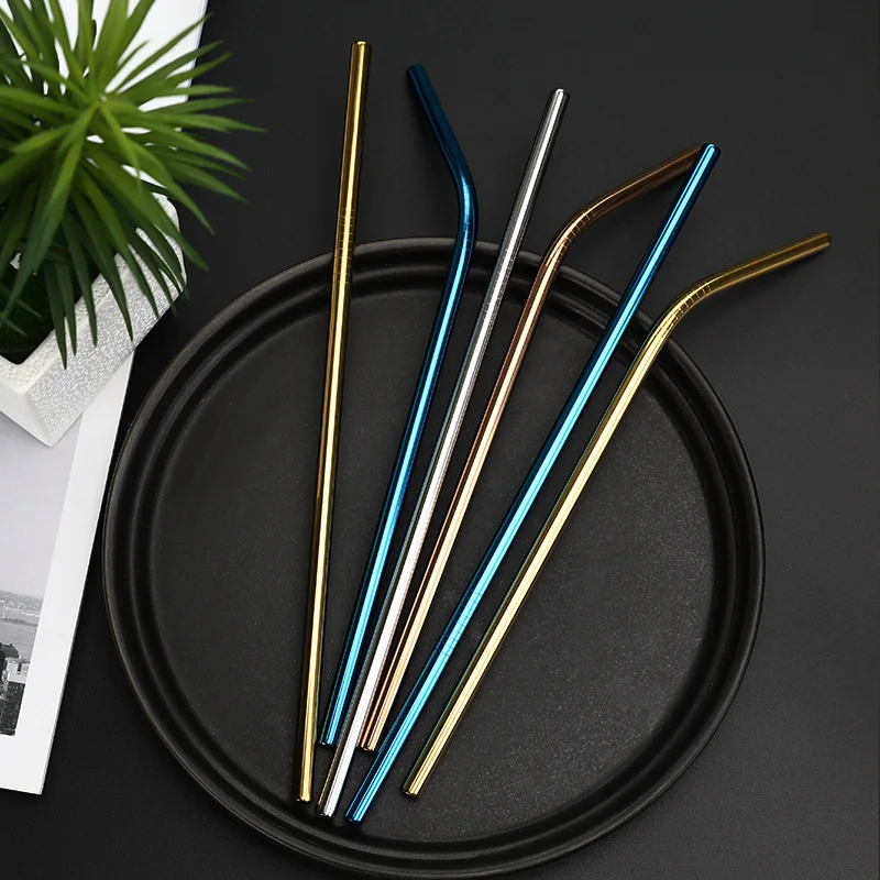 Rose Gold Rainbow 304 Stainless Steel Metal Drinking Reusable Straws Cleaning Brush Kit Box Case