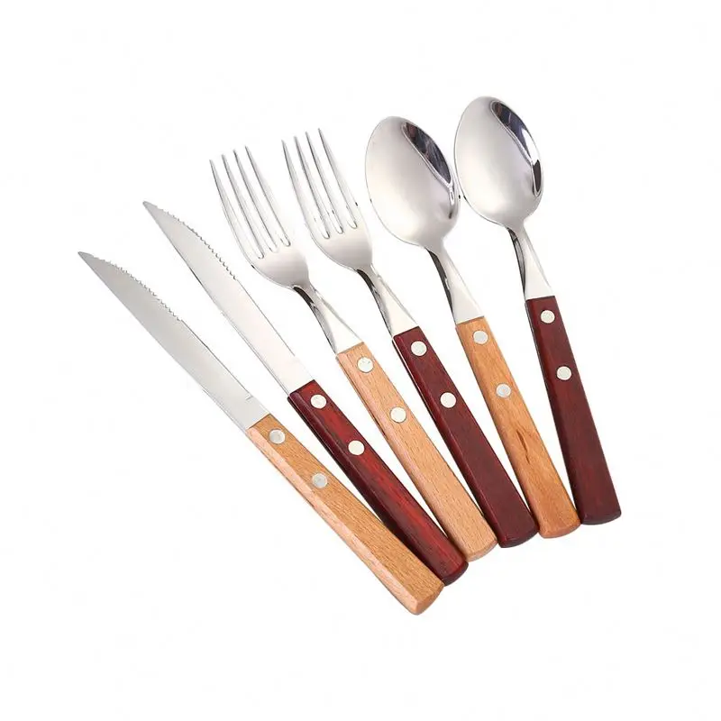 Factory Wholesale Wooden Handle 304 Stainless Steel Cutlery Knife Fork Spoon Silverware Dinner Flatware