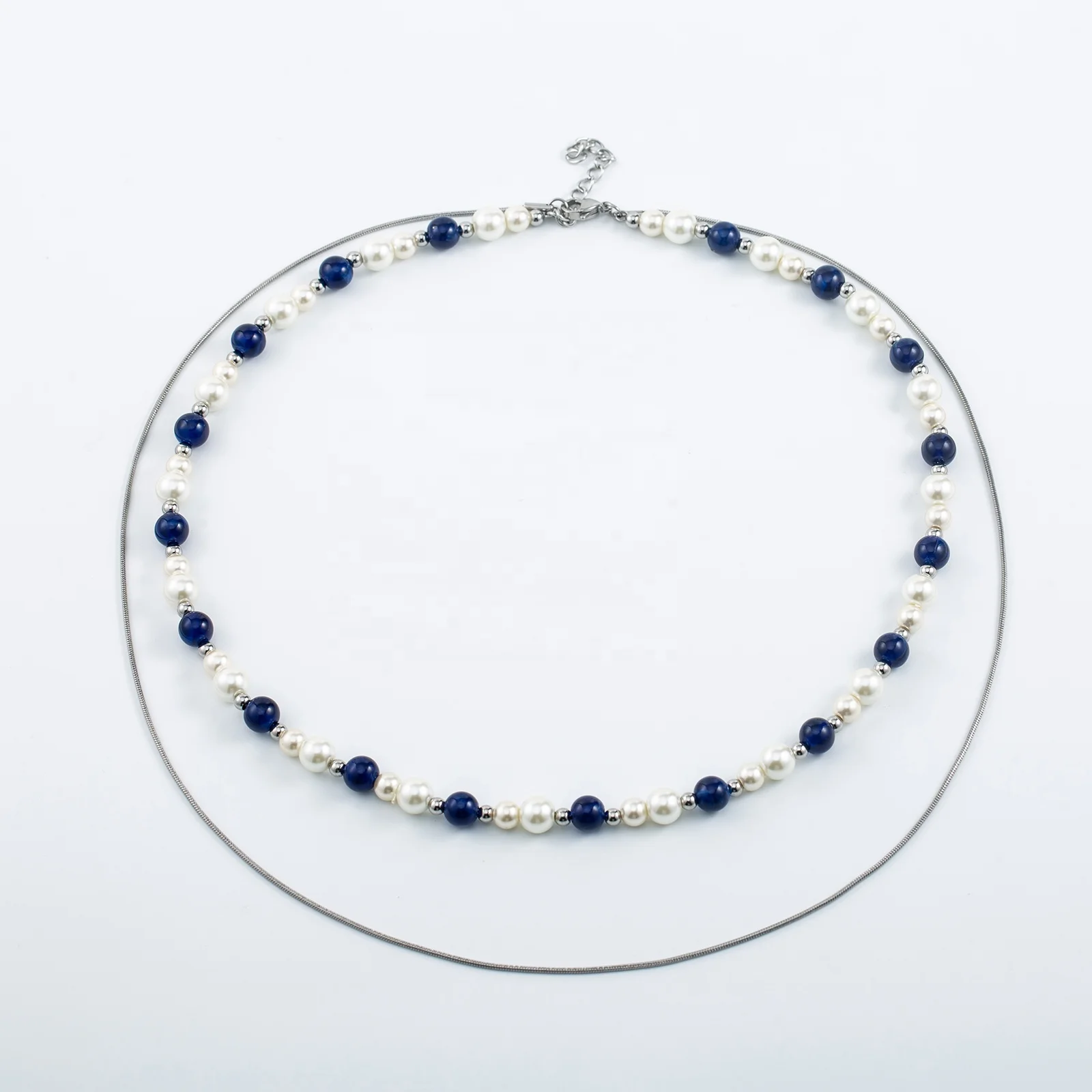 South Korea Trend Exquisite Stainless Steel Hypoallergenic Double Layer Blue White Pearl Necklaces For Male/Female