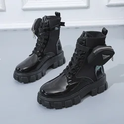 Black Punk Ankle Platform Motorcycle Boots Women Lace Up Chunky Heel Belt Buckle Designer Shoes Women Botas De Mujer