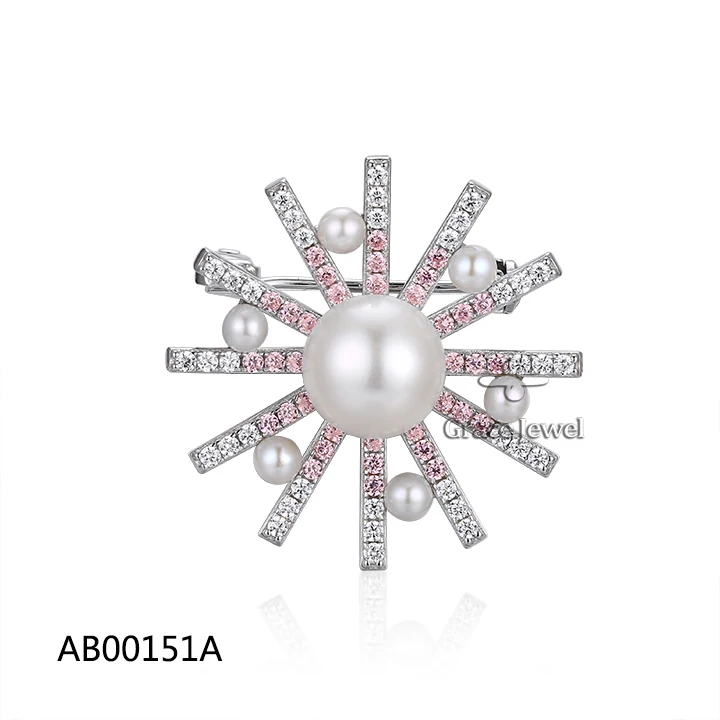 Grace Jewelry Luxurious Gemstone Pink White Zircon 925 Sterling Silver Fine Jewelry Freshwater Pearl Brooches for Women