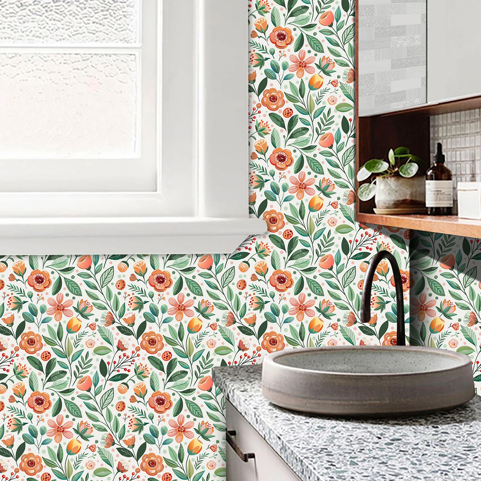 17.32*118.11inch floral Wall Paper Waterproof Removable Wallpaper Oil-proof Peel and Stick Home Decor Wall Sticker