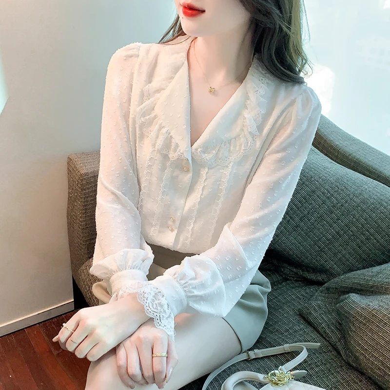 Fashion Elegant White Ruffle Lace Dot Blouses Women Chiffon Casual Shirt Office Ladies Gentle Long Sleeve Blouse Femme 1038#