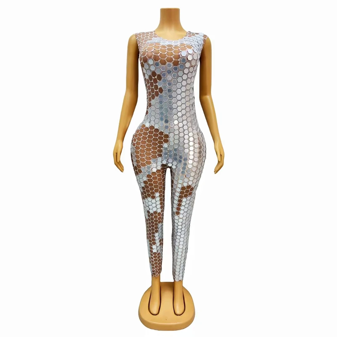 Shiny Sleeveless Glitter Sequin One Piece Bodysuit Slim Fit Rompers Pole Dance Leotard Plus Size Women Party Rhinestone Jumpsuit