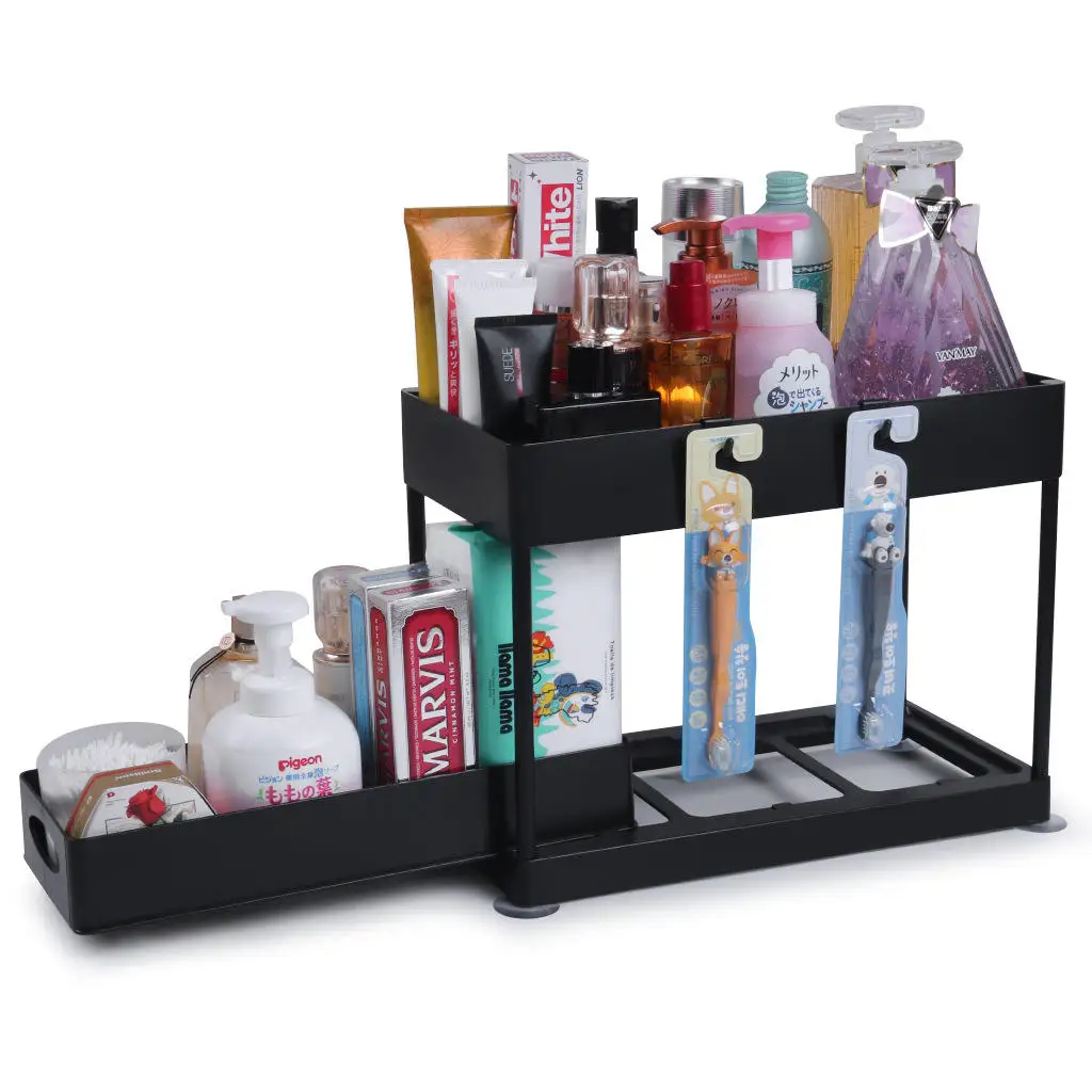 GQK Modern 2-Tier under Sink Organizer for Bathroom or Kitchen Black Drawer with Sliding Cabinet Basket