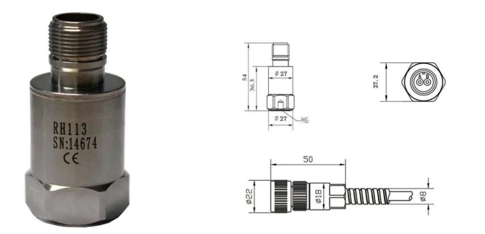 500g V/g Vibration and Temperature Sensor RH113 for Low Frequency Piezo Accelerometer