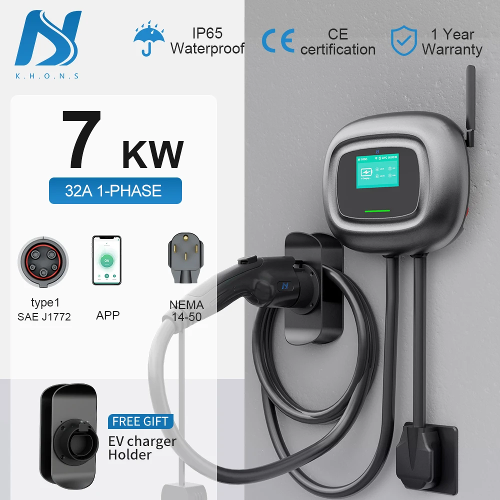 Khons Manufacturer 10kw 250V AC EV Charger Type 1 Sae J1772 Plug Wallbox Fast Electric Vehicle EV Charging Stations