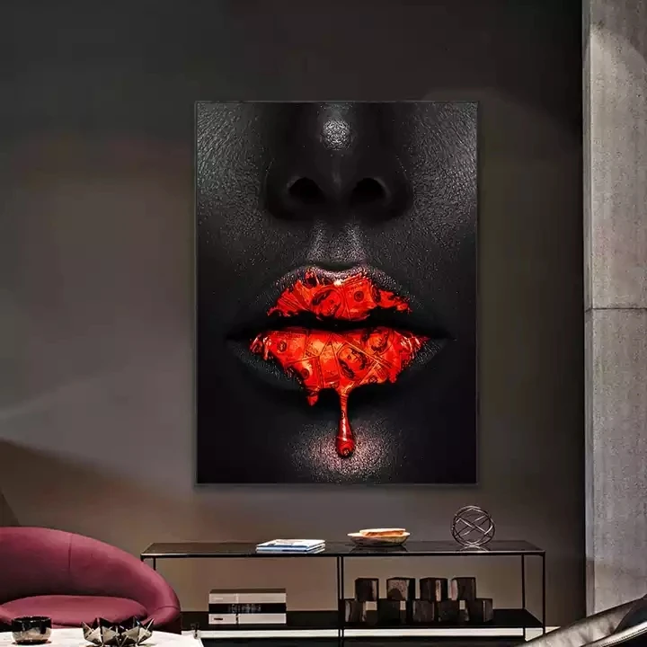 Creative Red Lips Dollar Drip Canvas Painting Art Black African Woman Lip Canvas Wall Painting