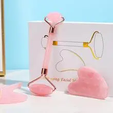 OEM Label Rose Quartz Jade Roller And GuaSha Set Wholesale Anti-aging Jade Roller Kit Natural Jade Guasha Stone Massage Set