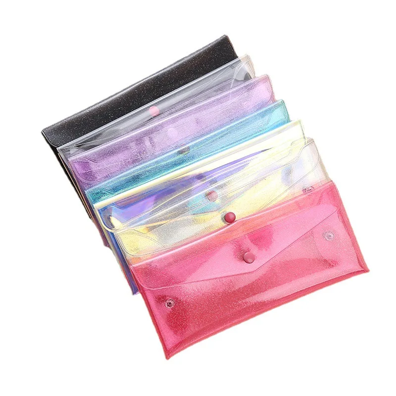 Creative laser colors transparent pvc pen bag portable foldable pencil case with snap button for stationery storage