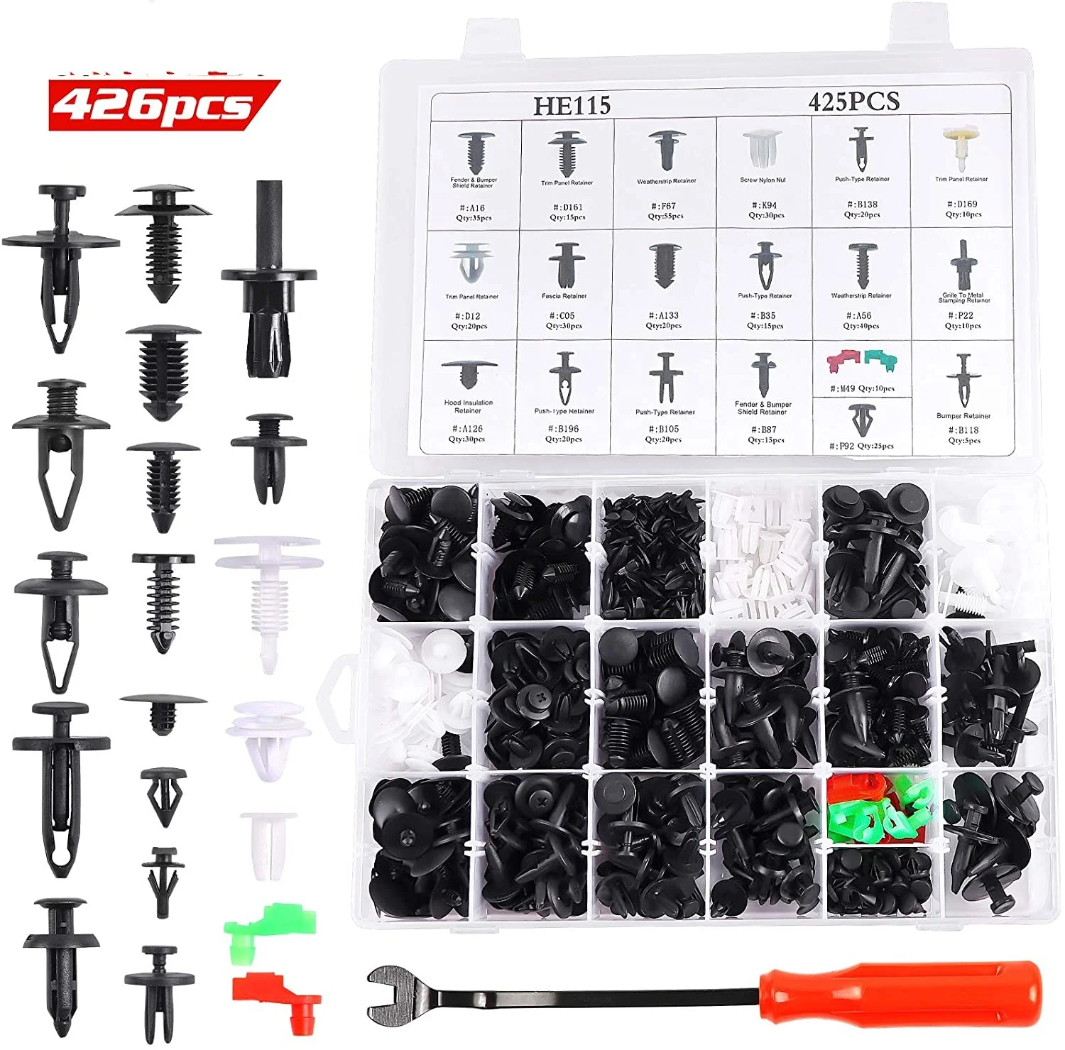 QGZ135 426PCS  Car Body Clips Kit with Fastener Remover, 19 Most Common Sizes Nylon Body Clips for GM Ford