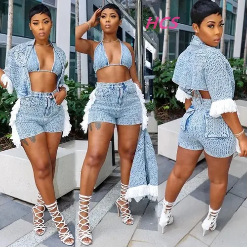 2023 New Arrivals Fall Womens Tassel Denim Suit Summer Women Clothing Fashion 3 Piece Shorts Set With Bra