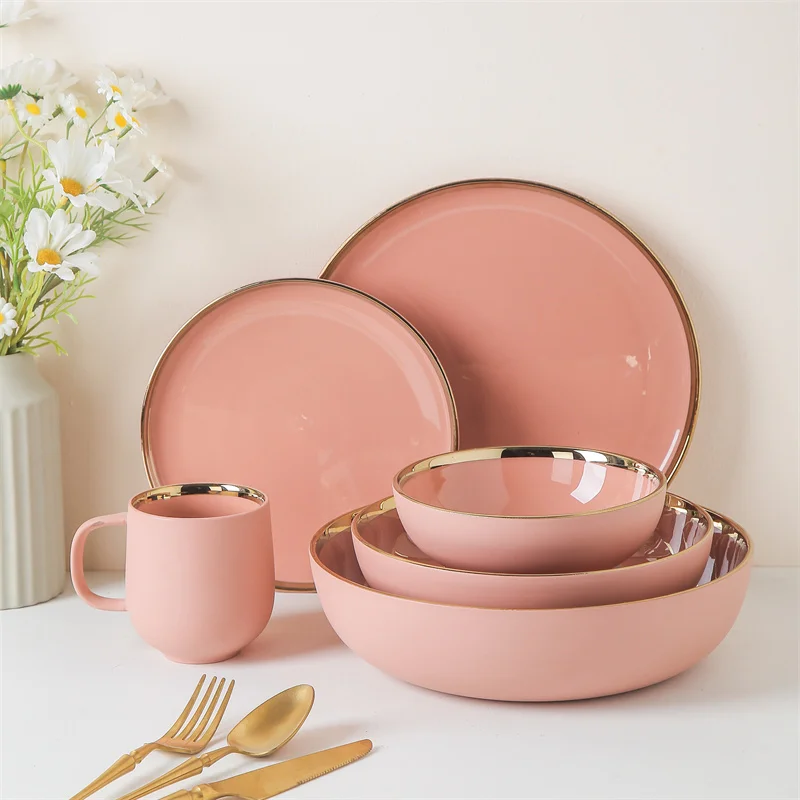 Wholesale nordic style round gold rim matte pink tea cereal coffee customizable mugs and cup