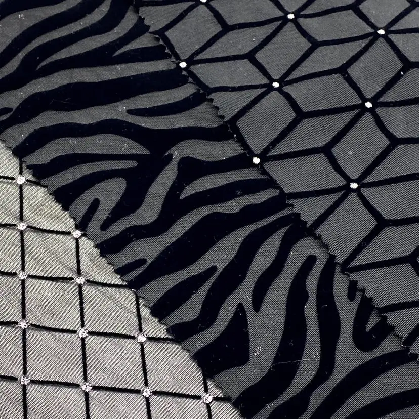 Customized pattern spandex nylon mesh flocking fabric stripe fabric for sexy women bodysuit