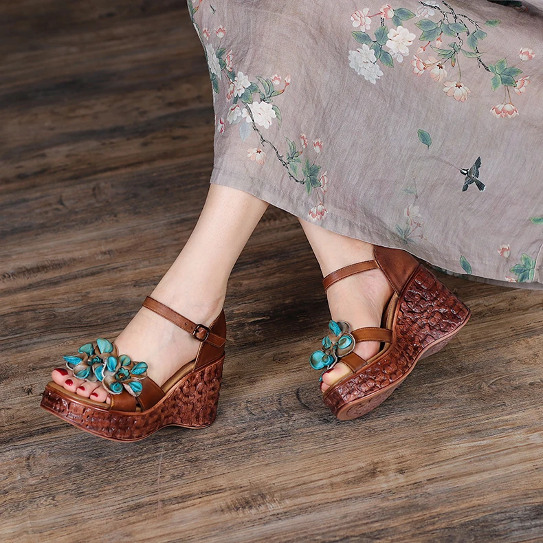 Genuine Leather Sandals Handmade Flowers Summer Shoes Woman Wedges High Heel Shoes Retro Ethnic Height Increasing Ladies Shoes