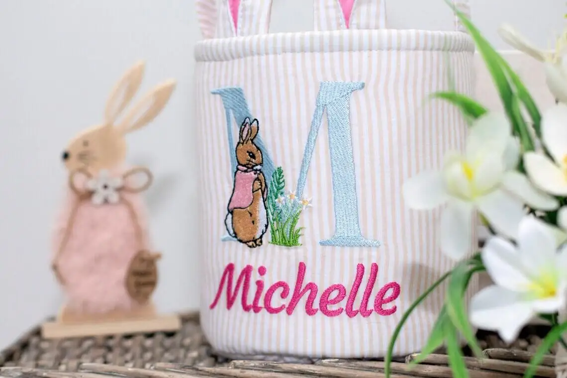 New Arrival Embroidery Easter Egg Hunt Basket Monogram Kids Easter Basket Solid Canvas Strap Easter Bunny Buckets
