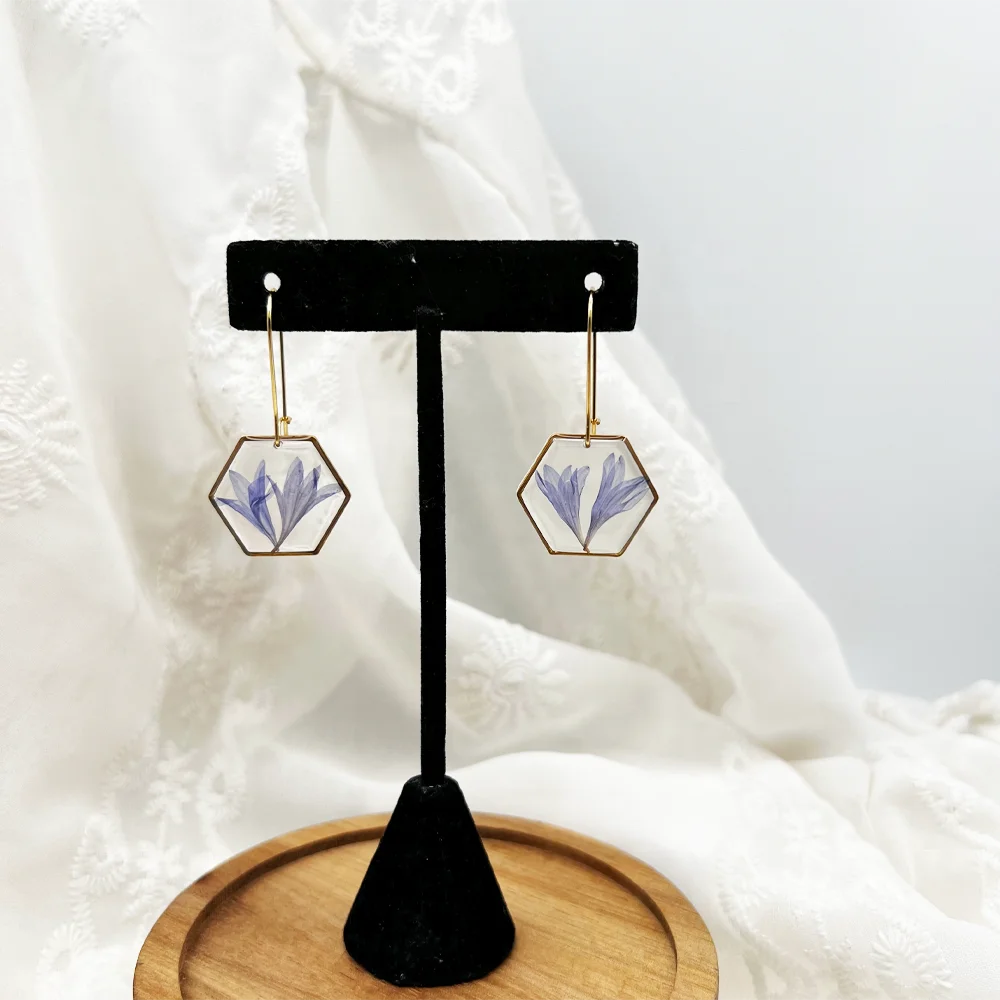 Geometric Handmade Resin Jewelry Blue Real Corn flower Gold Hexagon Hoop Earrings Unique Birthday Gift