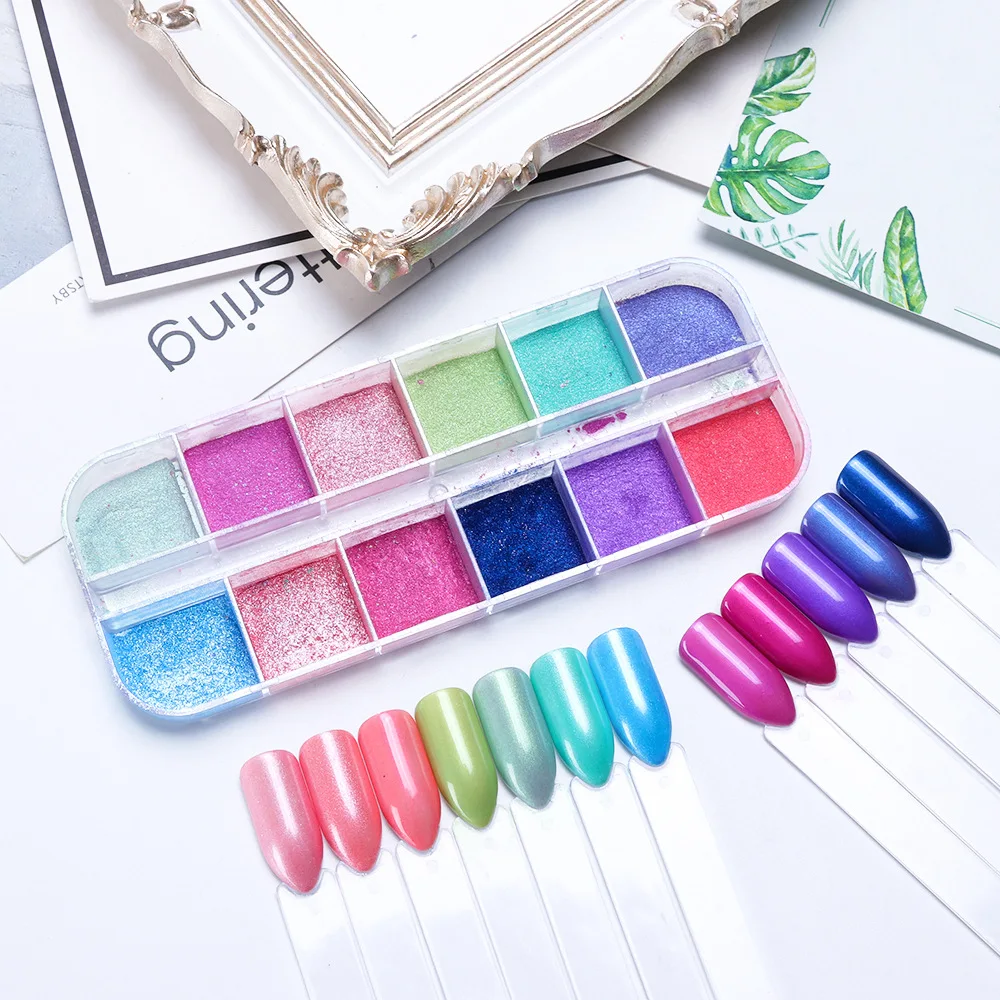 12grids white pearl chrome powder nails aurora glitter mirror pigment pearl powder