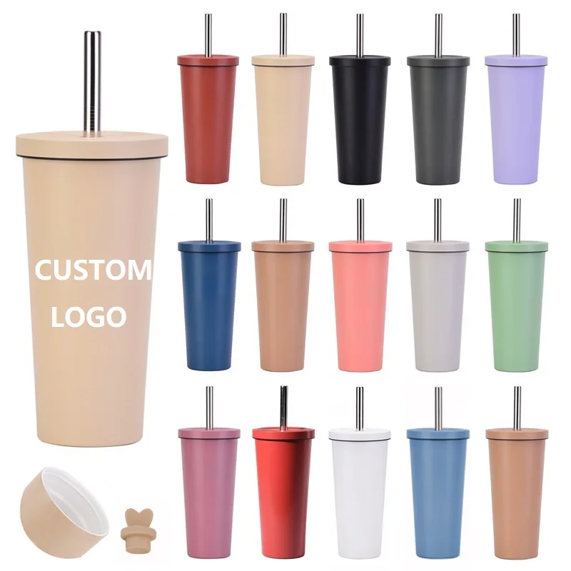 24oz Double Wall Plastic Tumbler Reusable Bubble Boba Tea Straws Cups Drinking Cold Water Bottle Custom Tumbler