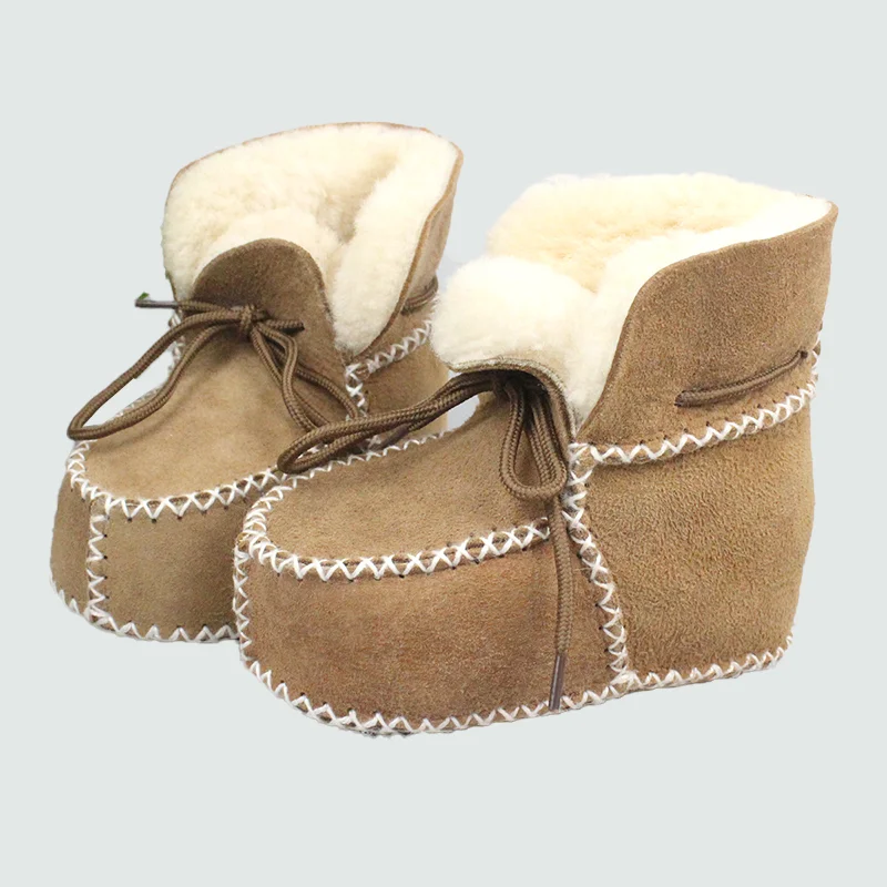 Winter Handmade Leather Baby Booties 100% Lambskin And Aool Snow Thickened Warm Unisex Drawstring Cozy Toddler shoes