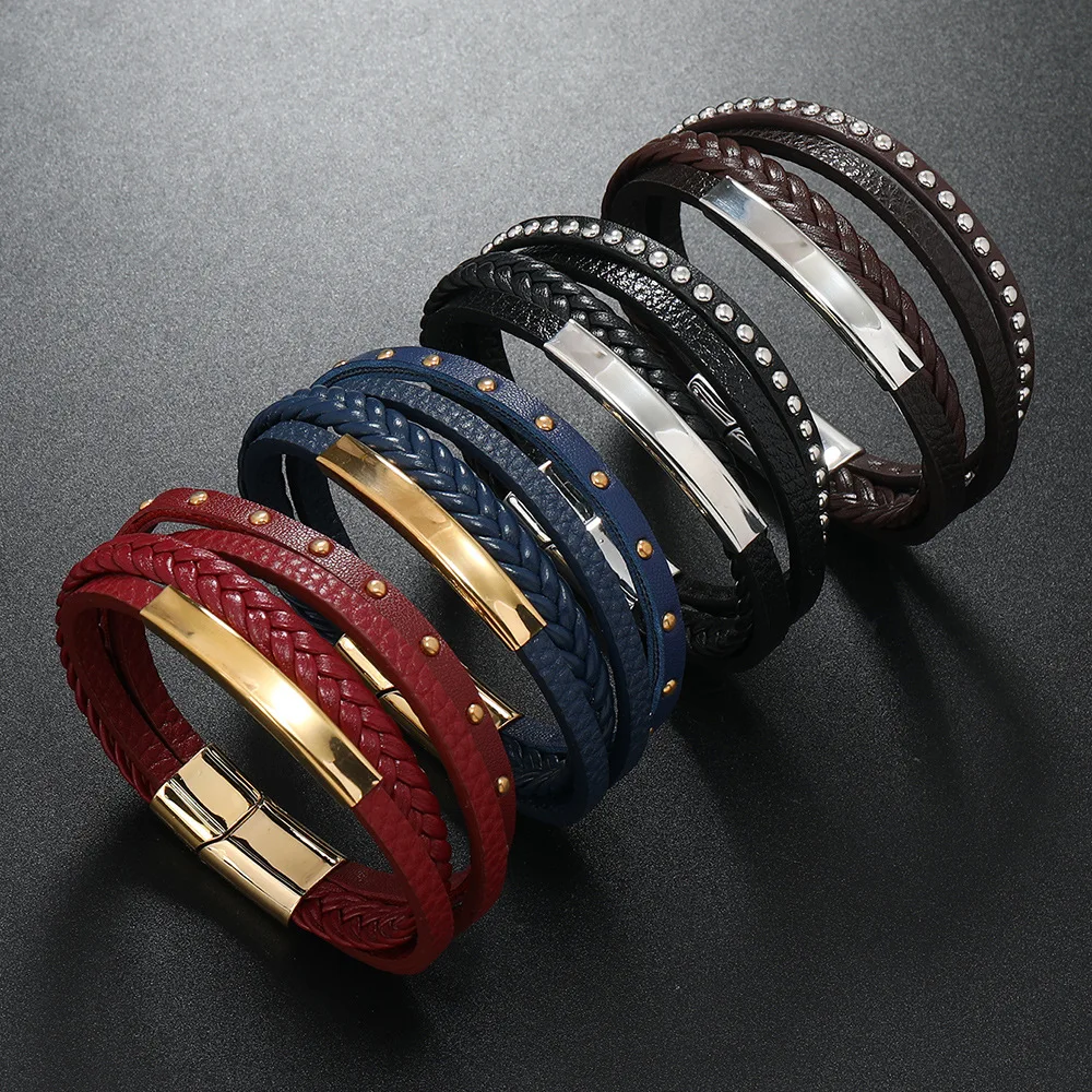 Vintage Braided Leather Bracelet Classic Magnetic Buckle Multi-layer Leather Bracelet For Men Jewelry Gift SLB238