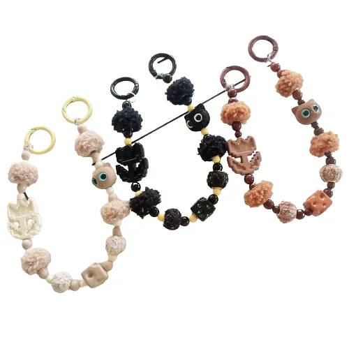 New Plush Beaded Phone Lanyard Wrist Strap Cute Cat Handmade Bracelet Keychain Anti-Lost Charm String Accessories
