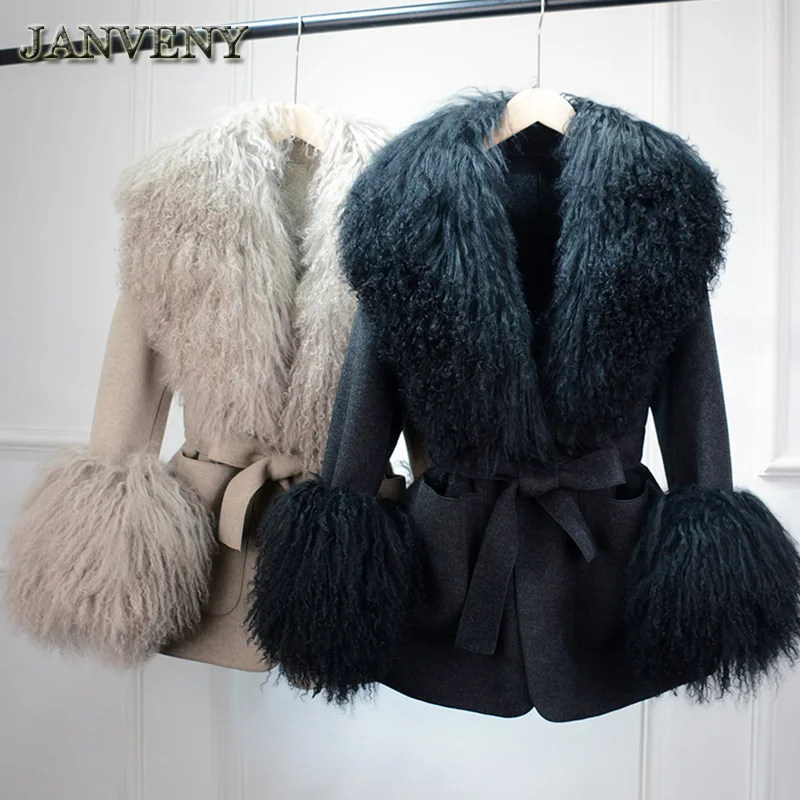 JANVENY 2024 Winter Women Cashmere Jacket With Real Natural Mongolian Sheep Fur Collar And Cuffs Lace Up Wool Trench Loose Coat