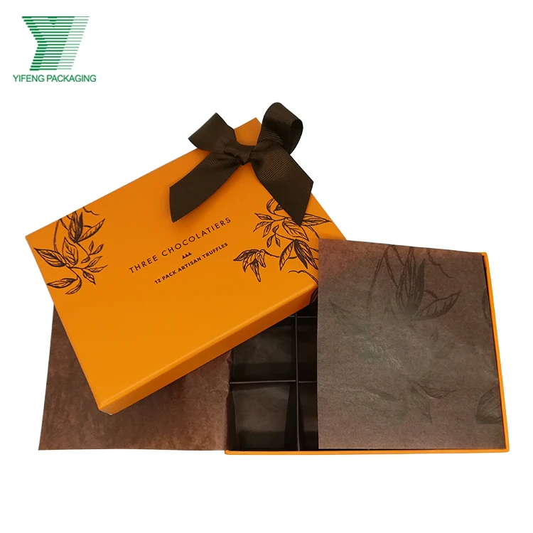 Wholesale rigid orange Paper Chocolate Bar bonbon Packaging Box Custom Design 12pcs Kraft Paper Packing Box For Chocolate